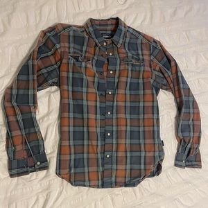 Patagonia Shirt Men’s Small Snap-Closure Brown & Blue Plaid 100% Cotton